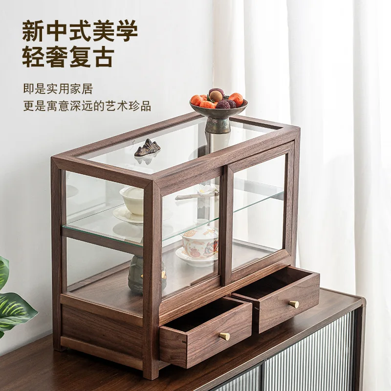 Walnut solid wood set storage cabinet glass teacup teapot tea ceremony accessories display cabinet tea room set rack