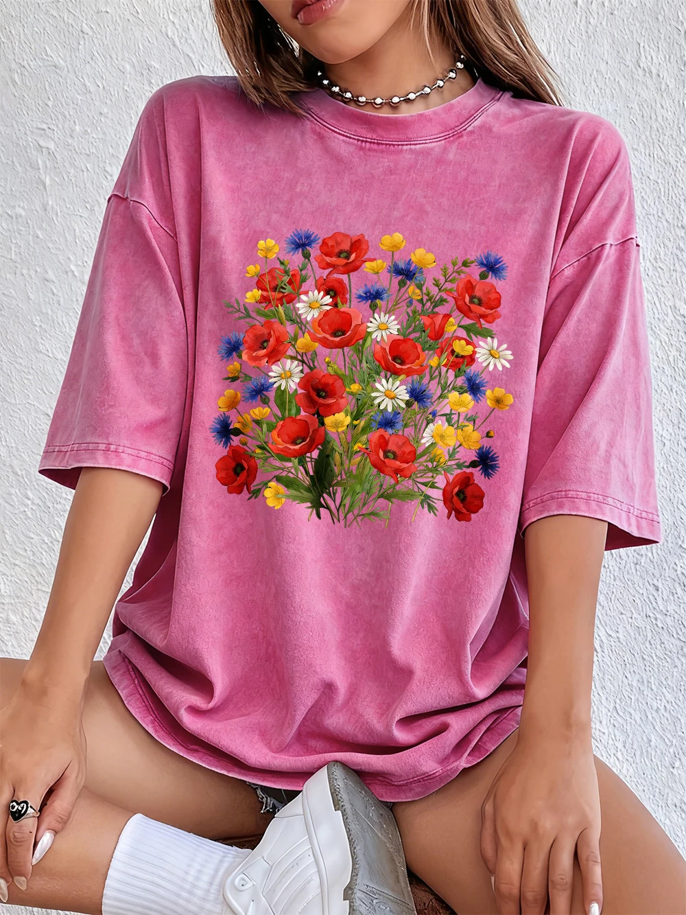 Beautiful Art Red Flowers Prints Washed T-Shirts Womens Cotton Oversized T Shirt Summer Short Sleeve Tops Casual O-Neck Clothes