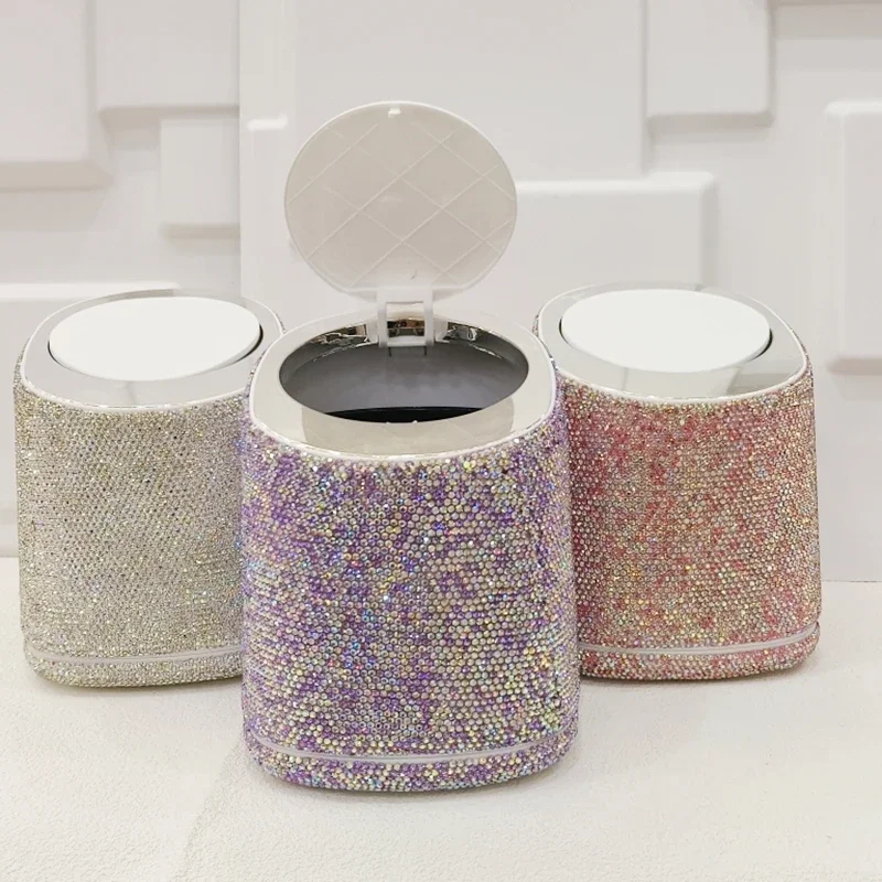 Bling Rhinestones Desktop Trash Can Small Household Storage Bucket Diamond Press-type Bin Barrel Living Room Office Garbage Can