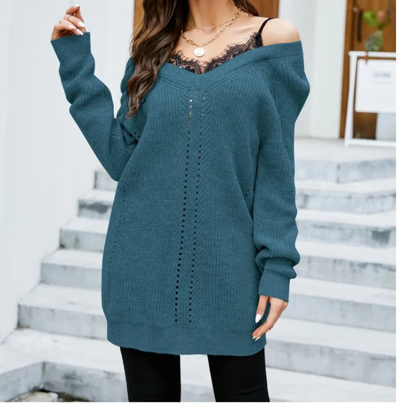 

Autumn and Winter Women's Pullover V-Neck Solid Lace Panel Hollow Out Shoulder Long Sleeve Sweater Knitted Bottom Casual Tops