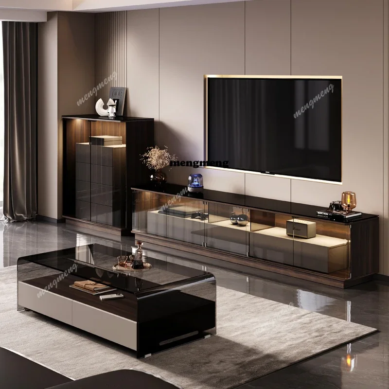 New arrive Italian minimalist TV cabinet coffee table combination with glass door living room light luxury high sense floor ligh