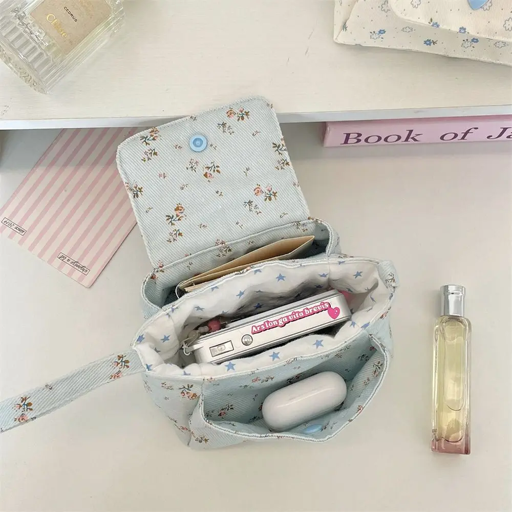 Pochette de maquillage florale imprimée, en coton doux, avec double poche, poignée en tissu, porte-monnaie, esthétique pastorale