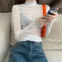 Femmes Sexy T-Shirt voir à travers des hauts en maille transparente à manches longues pure mince dames solide col roulé en soie T-Shirt dentelle haut court 4