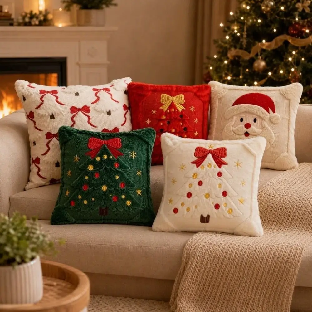 Soft Christmas Pillow Cover Santa Claus Bowknot Xmas Tree Pillowslip Christmas Tree Square Throw Cushion Case Winter Decor