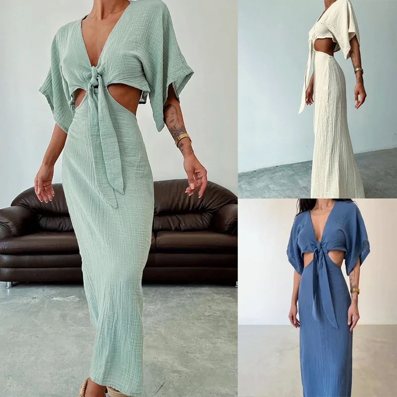 Solid Cotton Linen Dresses Women Sexy Spring V Neck Hollow Out Long Dress Summer Backless Batwing Sleeve Slim Party Robe Femme