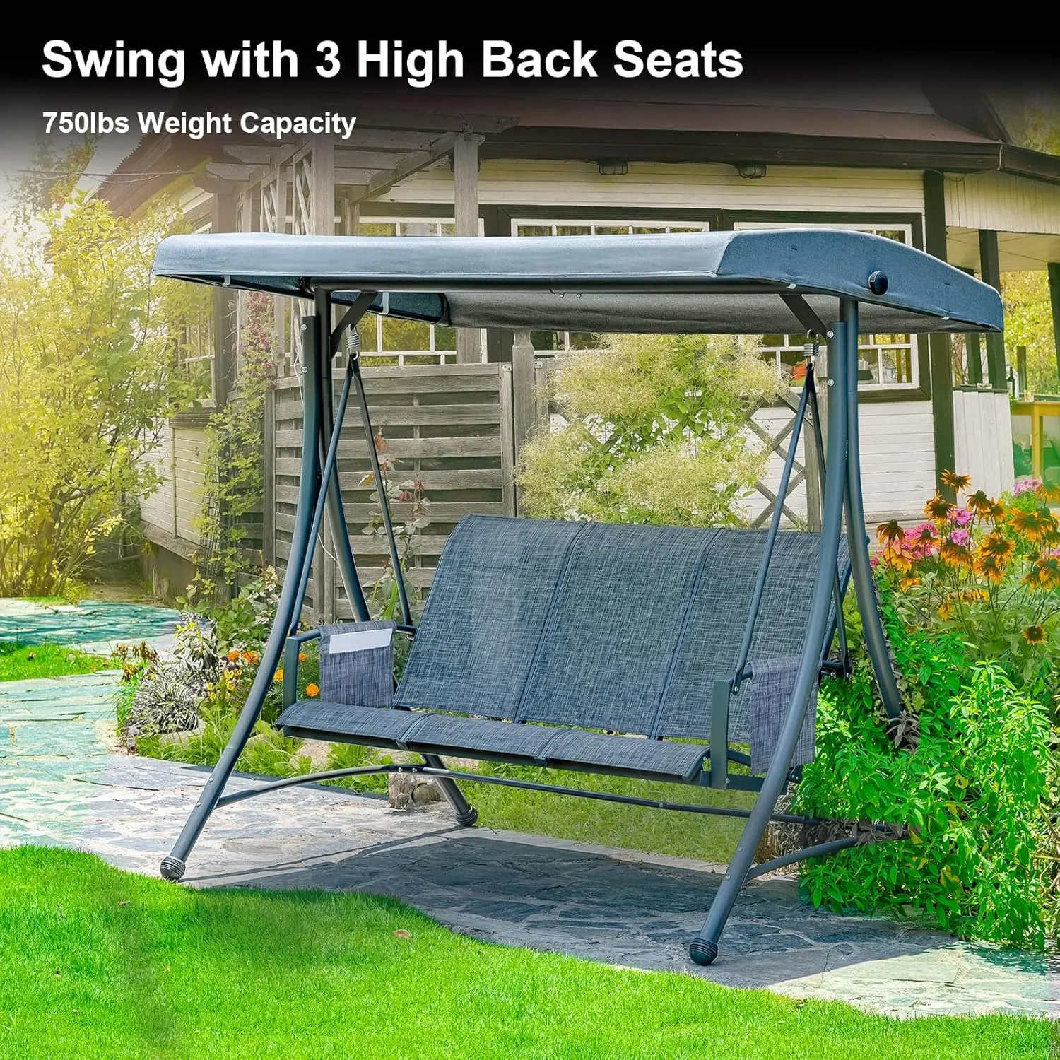 KMX 3-Seat Heavy Duty Outdoor Patio Swing with Canopy, Breathable High-Back Seats, Porch Swing with Adjustable