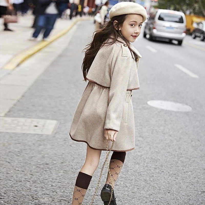 Winter Beige Thick Long Jackets Little Kid\'s Girls Coat Breasted Woolen Overcoat Cotton Trench Jackets Teenage Girl Coat 2-16Y