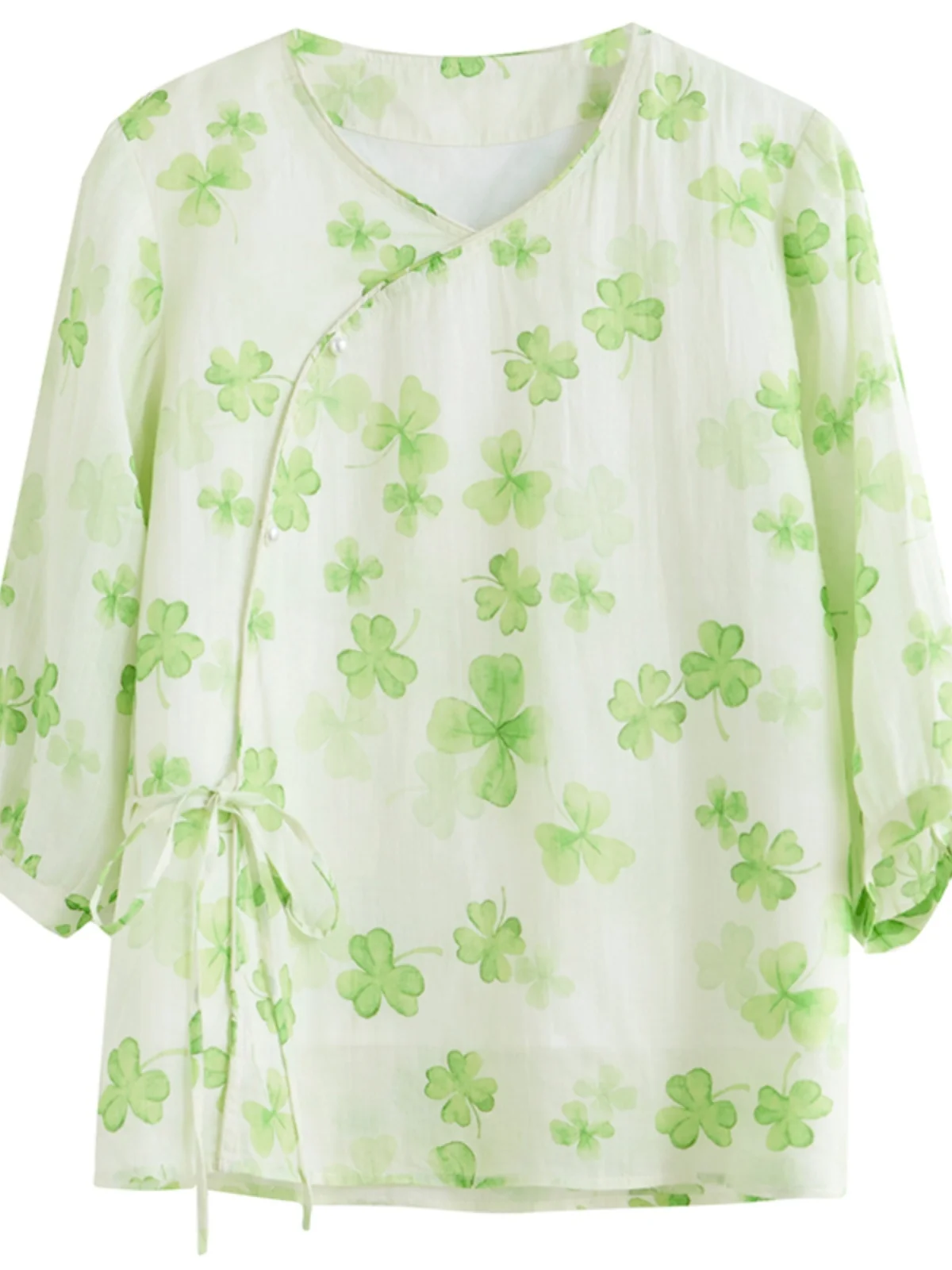 Stampa floreale Loose Fit irt Donna V-Ne Button Dettaglio Lanterna di cotone Sve Top casual di lunghezza sette quarti Estate 2024