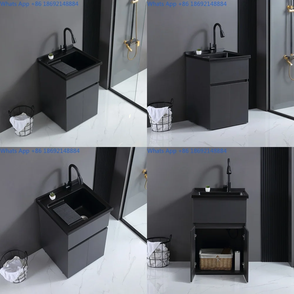 

Solid Wood Multi Layer Paint Free Laundry Cabinet with Black Quartz Sink and 304 Faucet