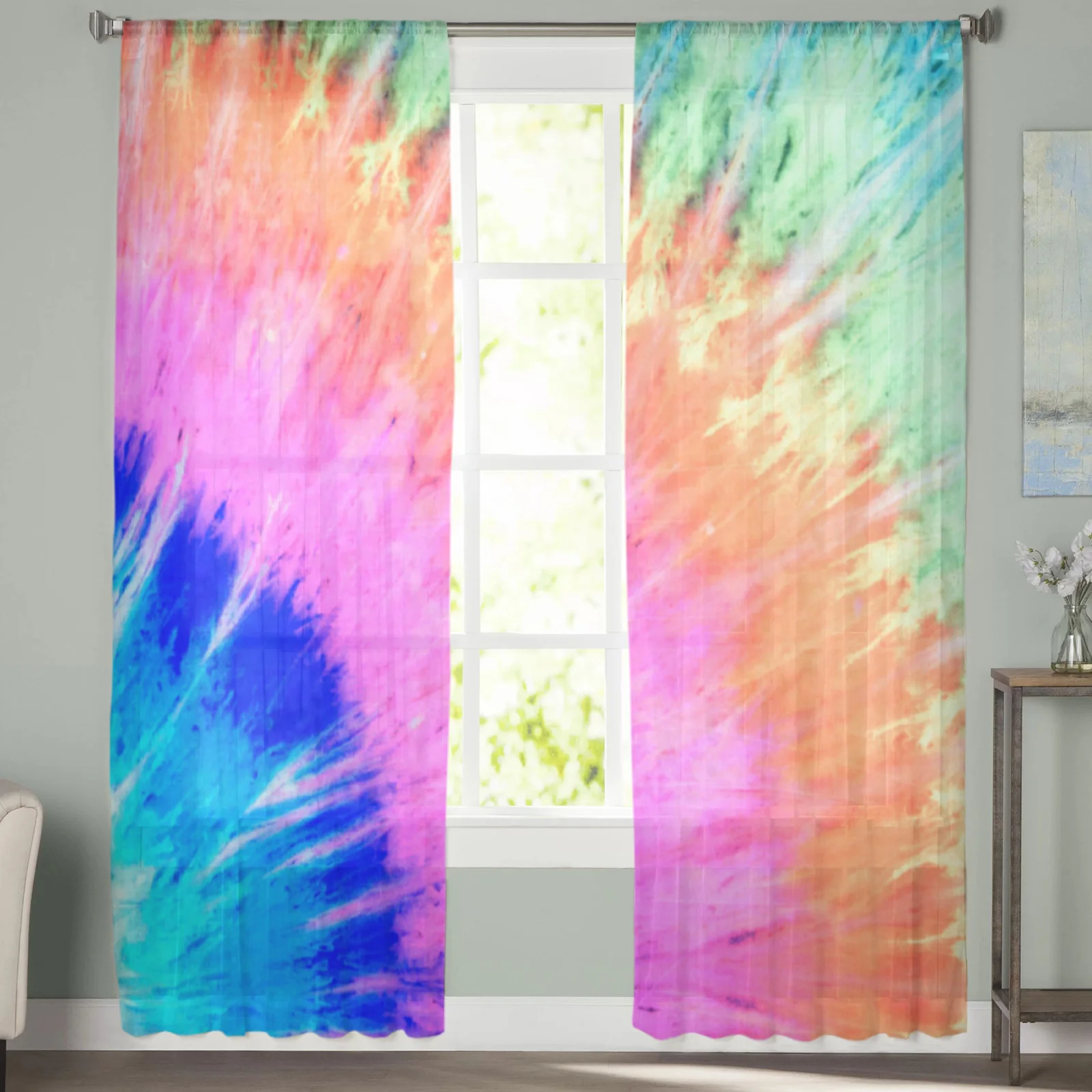 Rainbow Ethnic Style Tie Dye Sheer Curtains Bedroom Decoration Kitchen Tulle Curtains Curtains for Living room