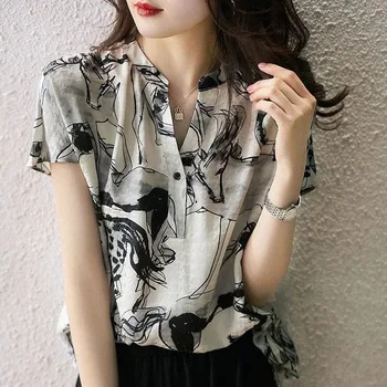 Ink Wash Printed V-neck Oversized Casual Lady Short Sleeved Shirt Summer New Fashionable Retro Design Elegant Temperament Top