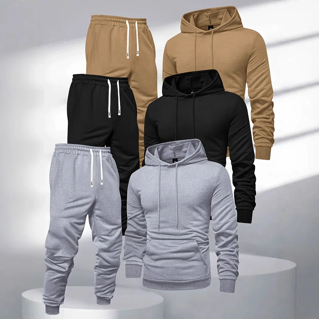 Herren 3-Teiliges Trainingsanzug-Set Einfarbiger Pullover-Hoodie Sweatshirt Jogginghose Frühling Herbst Lässige Sportbekleidung Locker Sitzendes Alltags-Outfit für Männer – Detail 6