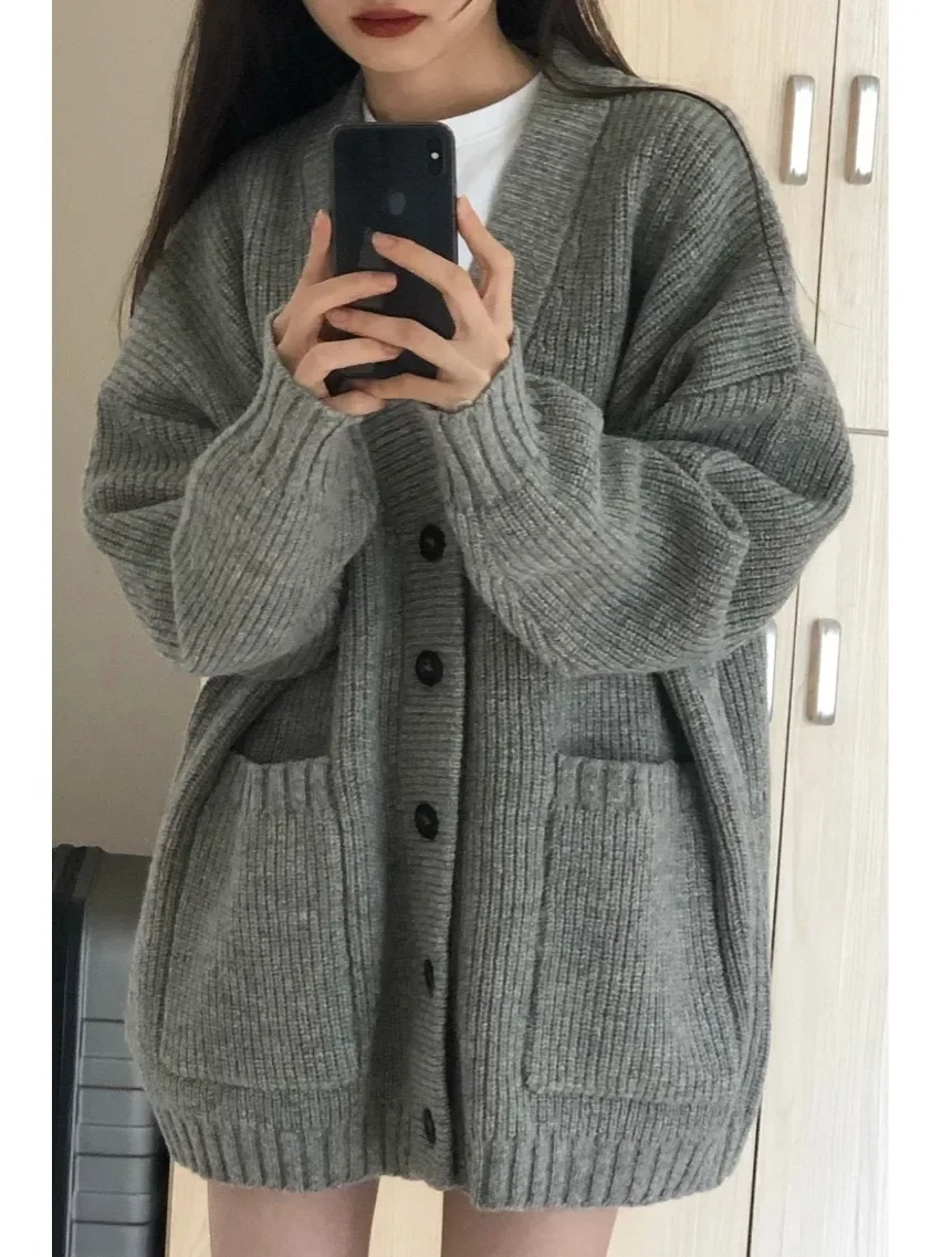 Gray Knitted Loose Sweater Coat Women's V-neck Autumn Winter New Style Lazy Fashion High-grade Open Cardigan Long Sleeve