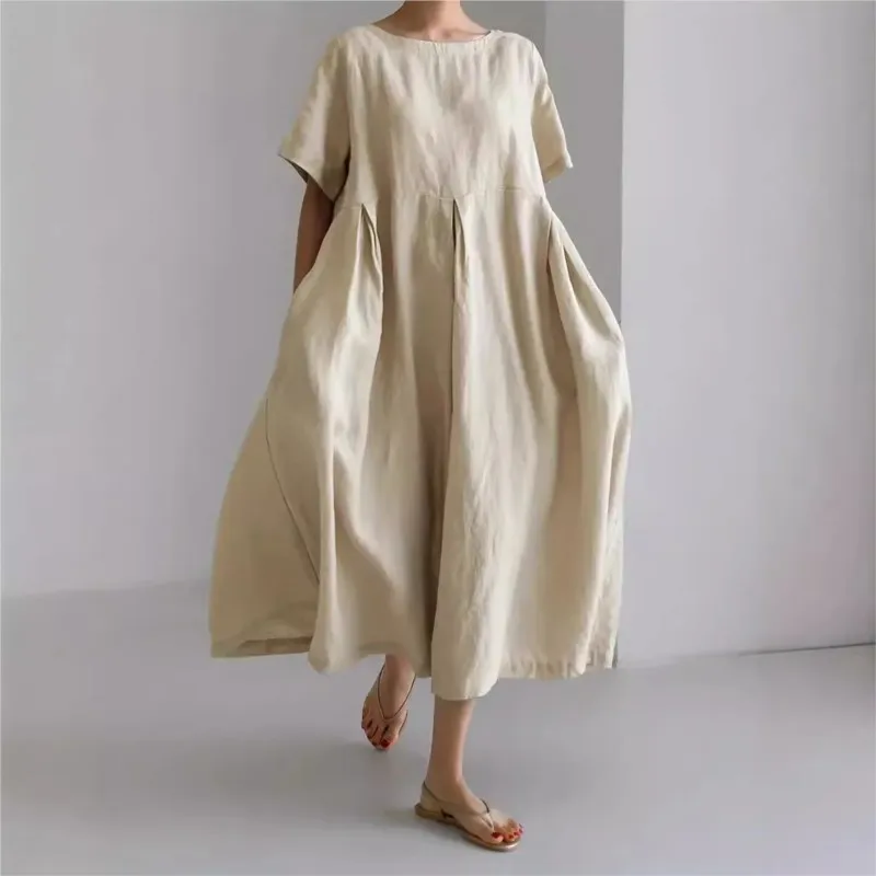 Women's Boho Dress 2025 New Women's Loose O-neck Fashion Large-size Solid Short-sleeved Casual Midi Dresses For Women Vestidos
