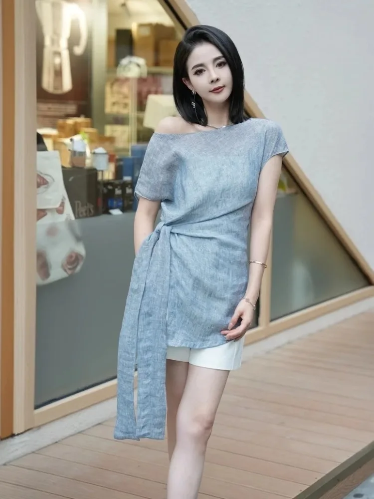 여름 럭셔리 블루 린넨 탑과 화이트 반바지 투피스 세트 여성 패션 허리 컷아웃 의상 엘레앤슬리 앙상블