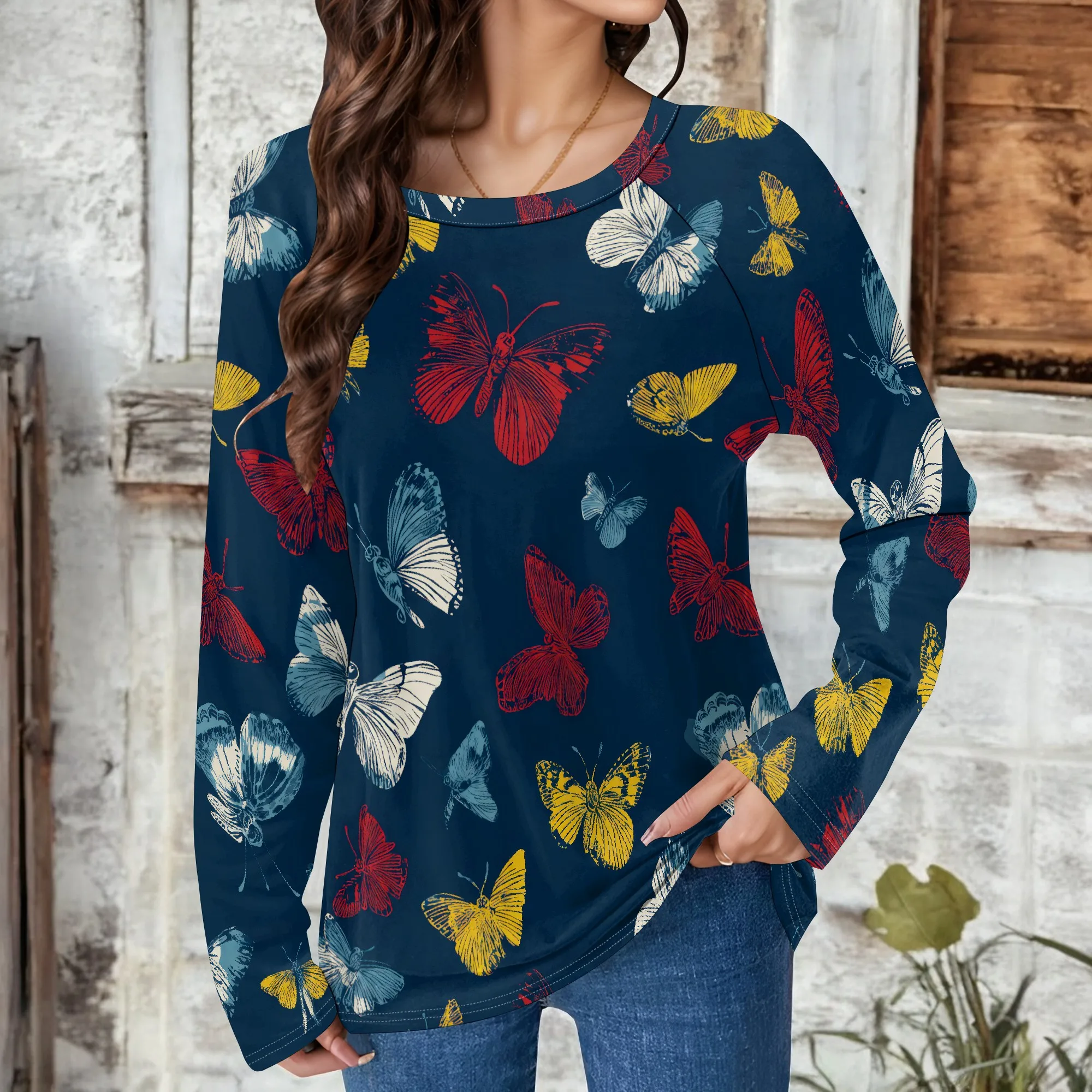 Camicette a farfalla da donna Camicie a tunica a maniche lunghe autunnali eleganti e casual Felpe con pullover grafico vestibilità ampia