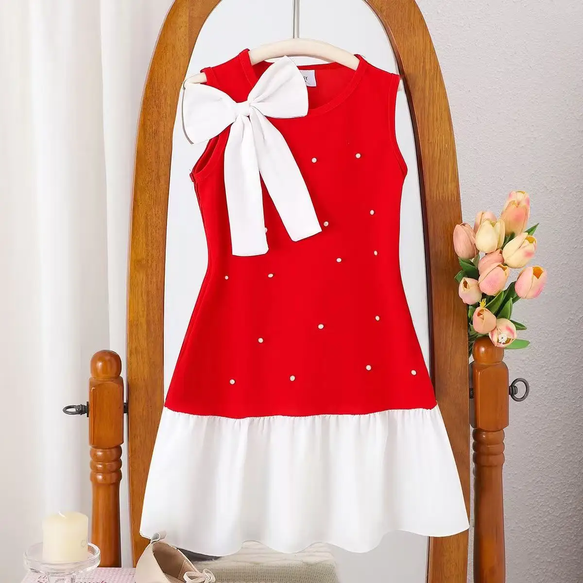 

Summer Girls Sleeveless Bow Dress Red Christmas Party Dress French Style Princess Dress Kids Clothing for 4-7Y