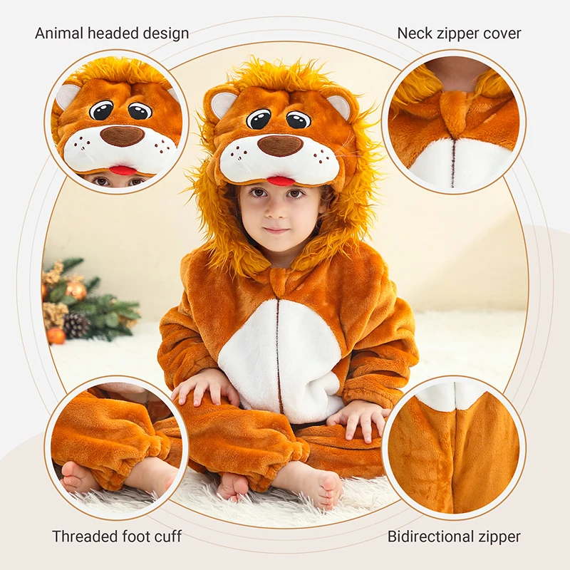 MICHLEY Karneval Löwen-Capybara Baby-Strampler Kleidung mit Kapuze Flanell Cosplay Kleinkind Pyjama Bodysuit Jumpsuit Kostüm für Jungen – Detail 4