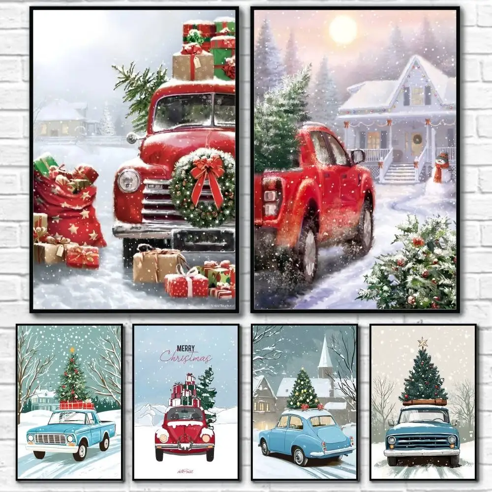 

Christmas Car Snow Cartoon Poster Home Living Bed Room Bar Hallway Sticky Wall Art Printing Waterproof Aesthetic Decor