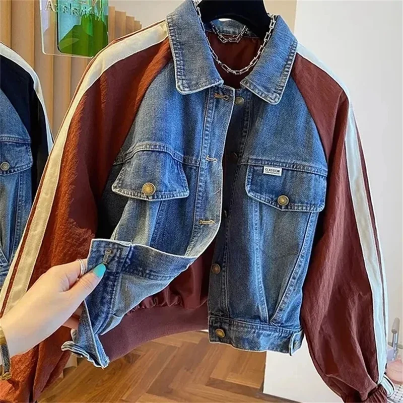 

Spring Autumn New Denim Spliced Coat For Women's Fashion Versatile Baseball Jacket Short Cowgirl Long Sleeve Casual Outerwear