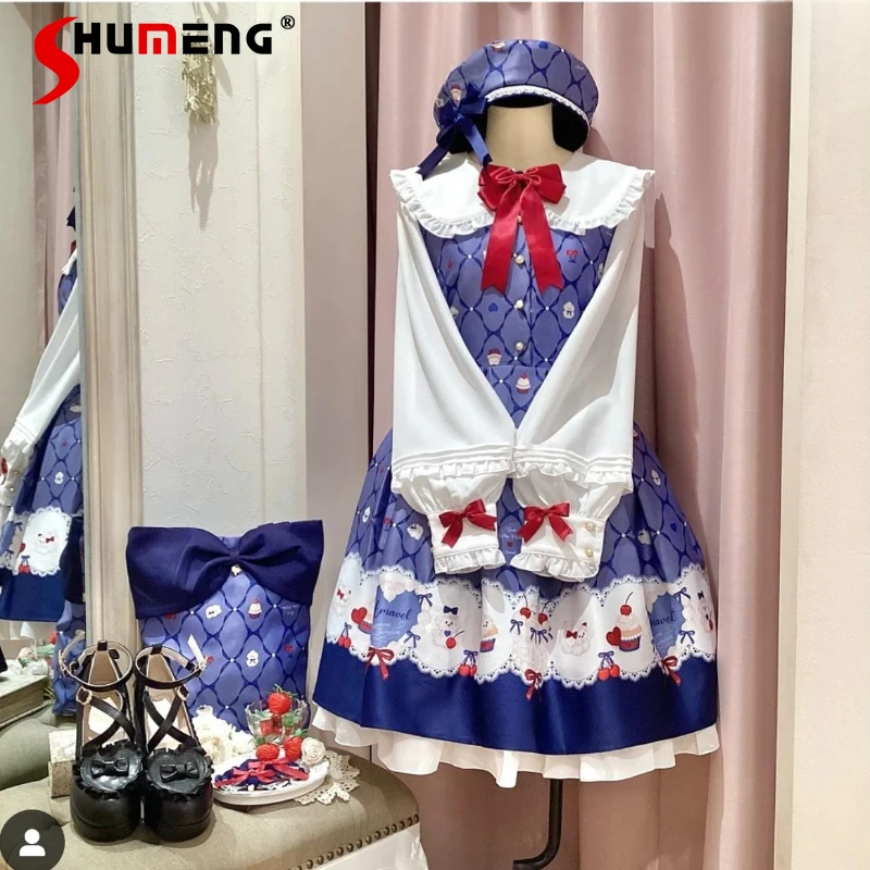 

Autumn Winter New Japanese Beautiful Long Sleeves Doll Collar Top Dress Rojita Sweet Cute Dessert Print Bow Party Dresses Female