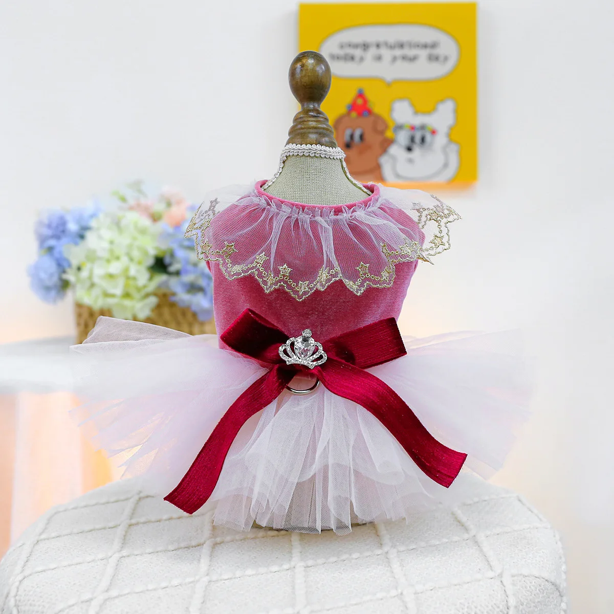 Pet Velvet Splicing Mesh Dress Dog Cat Bow Coat Princess Yarn Dress Autumn/Winter Dress Dog Dresses for Small Dogs Puppy