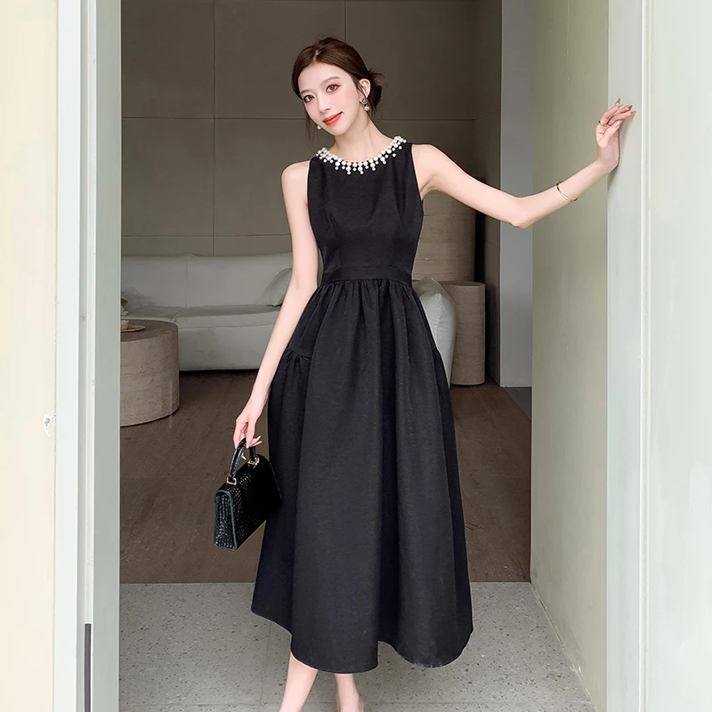 2024 neue Hepburn Stil Sommer schwarz Abschluss ball Party Ballkleid Kleid elegante Frauen Perle Perlen o Hals ärmellose Tank Midi Vestidos