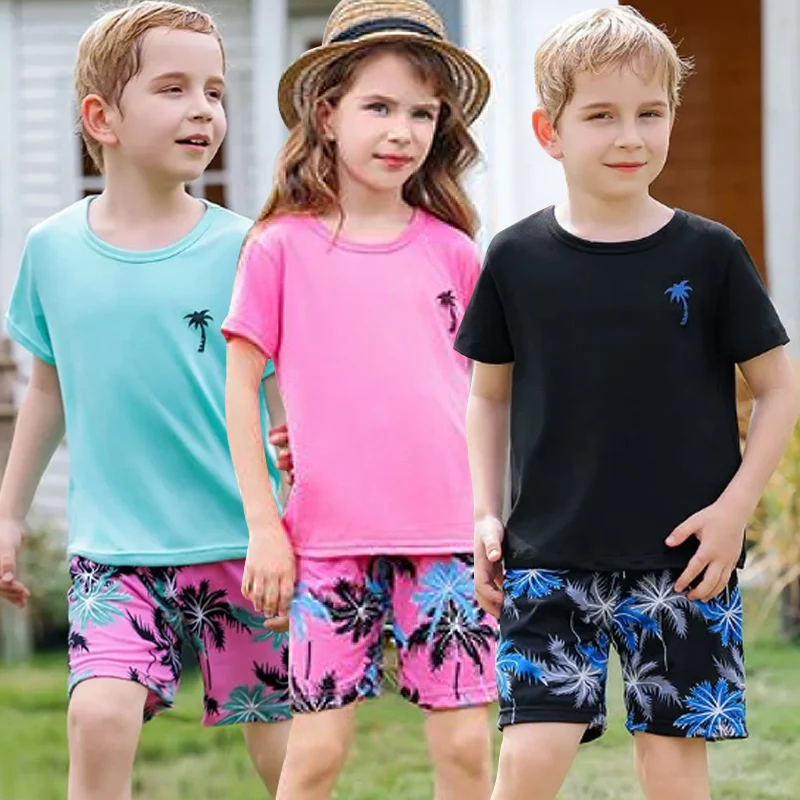 

2/4 children's summer leisure sports printed short sleeved shorts set, boys and girls vacation style fashionable T-shirt pants