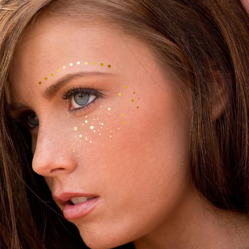 VeeCharm - Gold Metallic Freckle Adesivo para Mulheres, Face Temp Tattoo, Halloween Cosplay Maquiagem, Dancer Costume Party, 1/23 Folha