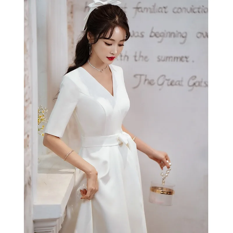 

White Satin Light Wedding Dress Bow V-neck Sleeve A-line Skirt Simple Fashion Party Dress Formal Women Elegant Evening Dresses