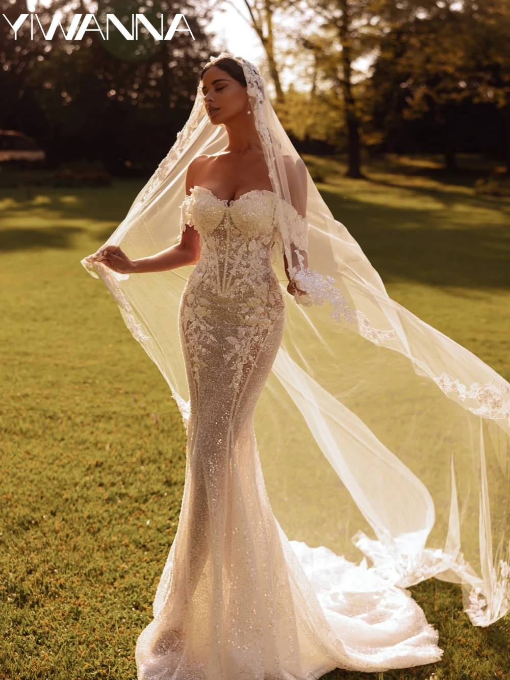 

Illusion Sequined Lace Mermaid Long Wedding Dress Graceful Appliques Off Shoulder Bridal Gown Customized Dresses For Bride