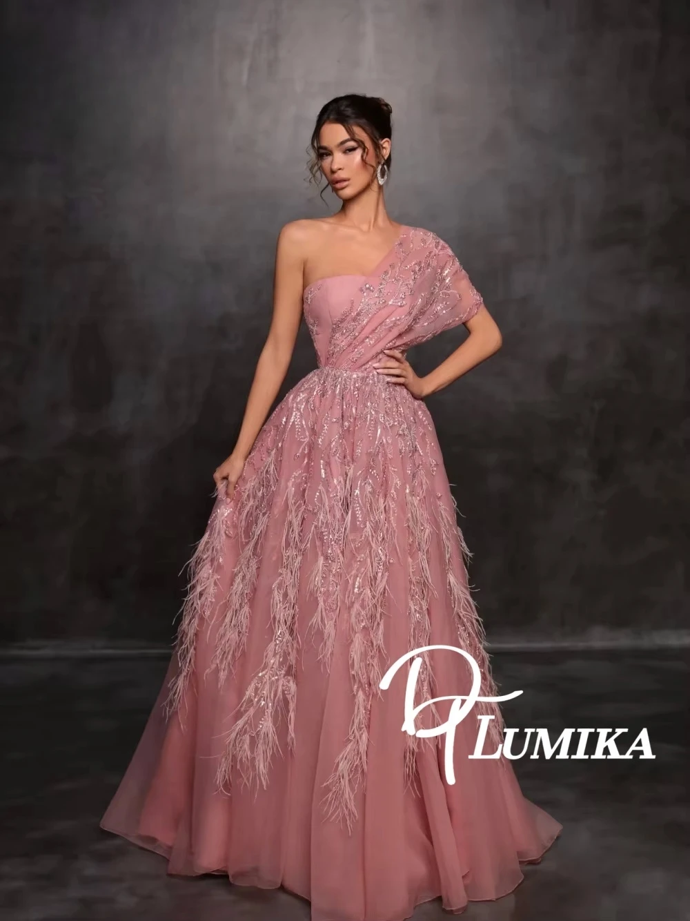 

Pink Dazzling A Line Feathered Evening Dress Formal Occasion One Shoulder Cocktail Customized Lace Up Back Party Women Prom Gown