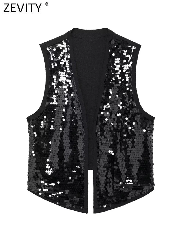 Zevity Women Euro V Neck Open Stitching Shinning Sequined Design Casual Vest Jacket Ladies Retro Cardigan WaistCoat Tops CT6278