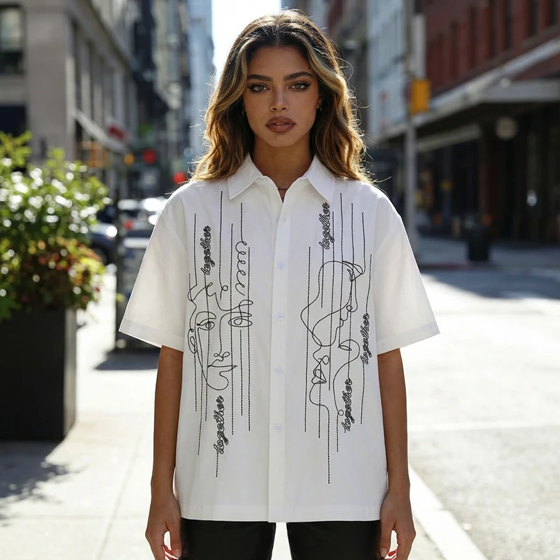 

Streetwear Artistic Line Art Face Embroidered Shirt Men Women Oversized Sand Washed Cotton Vintage Y2K Grunge Harajuku Top 2026