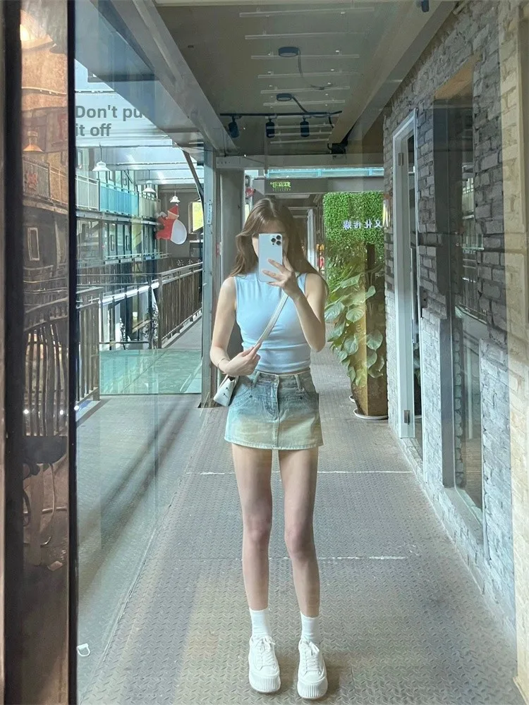 Jupe trapèze taille haute pour femmes, jupe en jean, moulante, coréenne, pour les déplacements, couleur Pure, grande taille