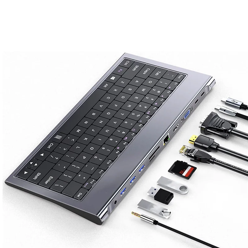 

Док-станция Superior-11 в 1 с клавиатурой USB C с 100 Вт PD, 4K, VGA, Ethernet, кард-ридером, USB 3.0, Aux USB C HUB для ноутбука