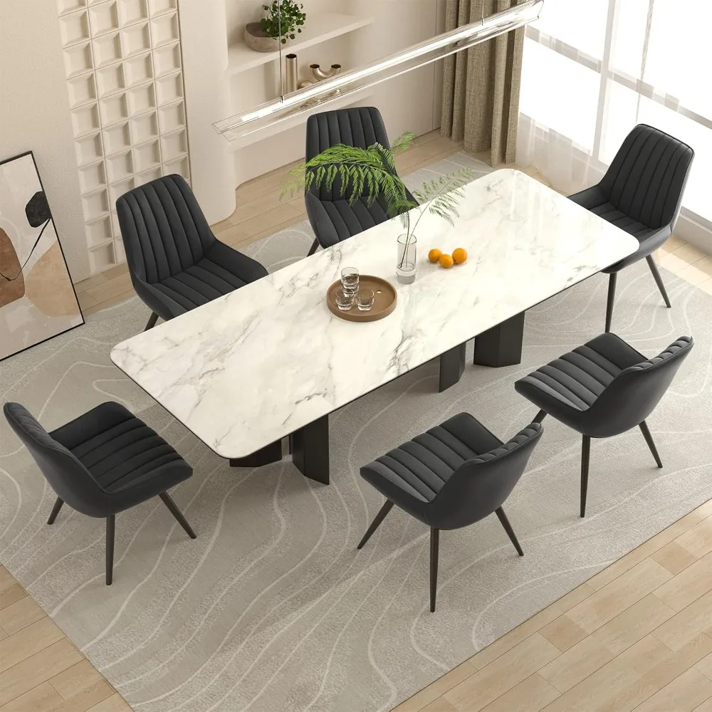 7 Piece Dining Table Set for 6 Upholstered Fabric Kitchen Side Chairs with Metal Legs Dining Table