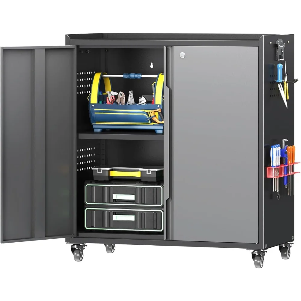 

Metal Garage Storage Cabinet with Wheels, Adjustable Rolling Tool Storage Cabinet with Lock, 34" Steel Locking Tool Cabinet with