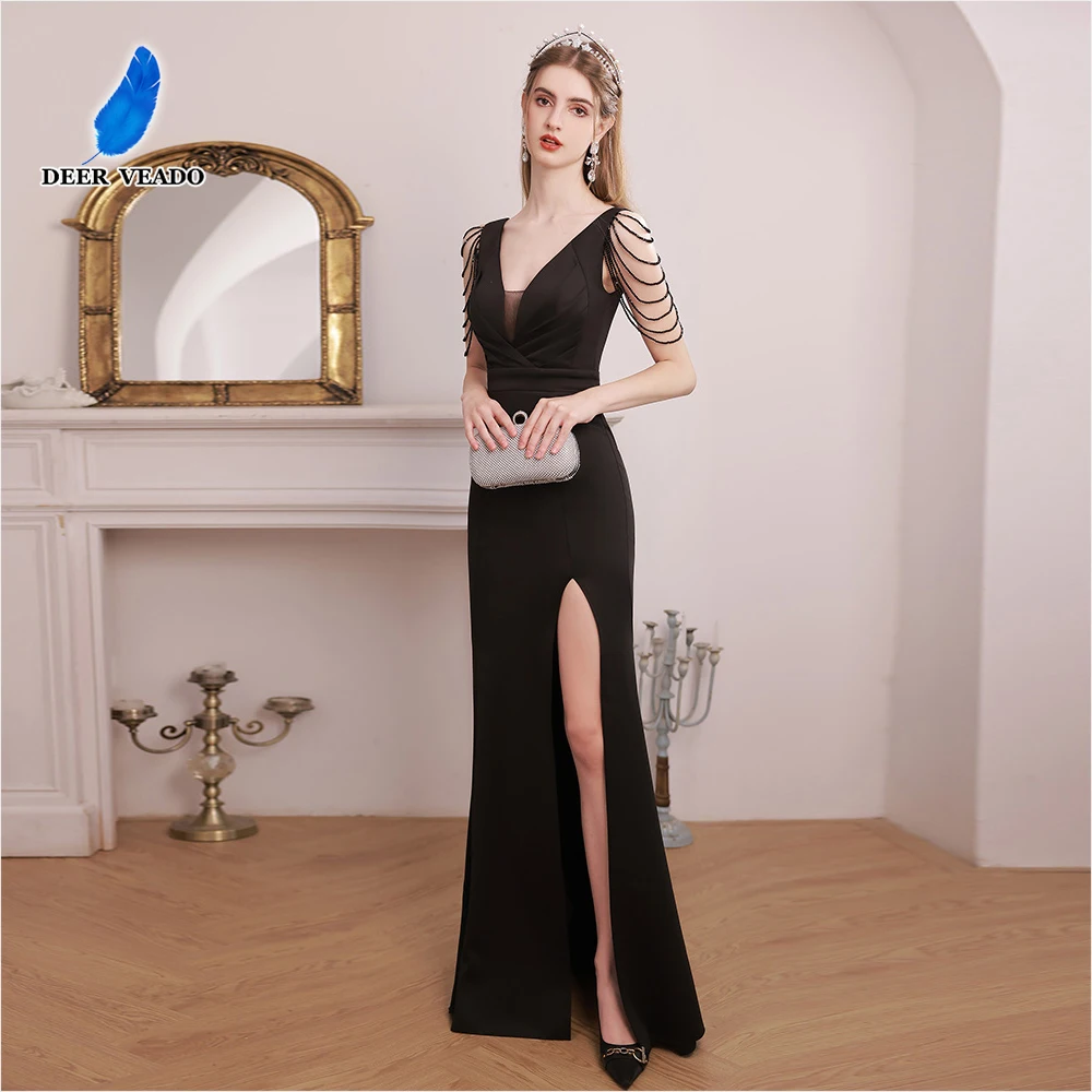 

DEERVEADO Sexy Mermaid V Neck Slit Evening Dresses for Woman Soft Satin Beading Prom Party Maxi Dress Formal Occasion Dress