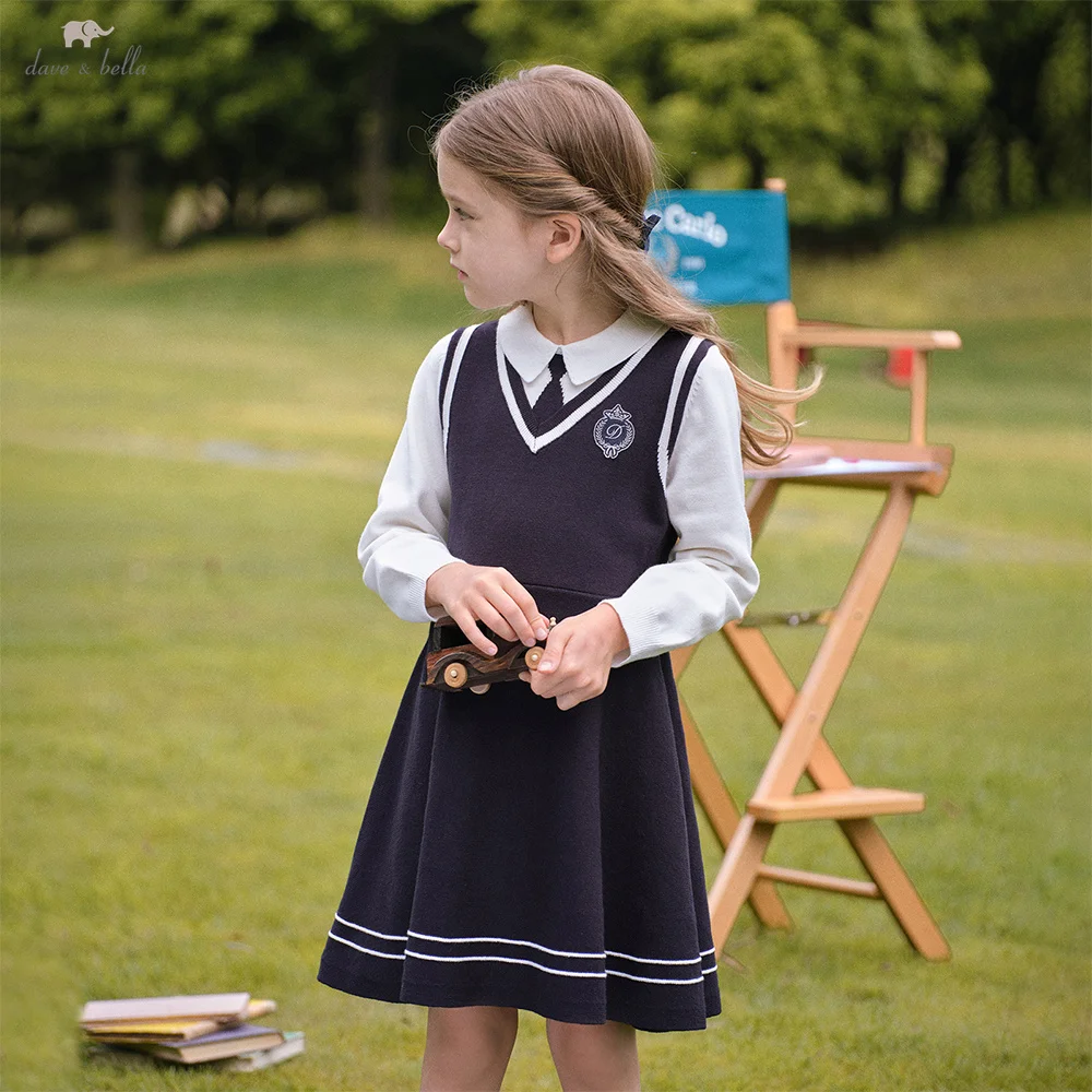 Dave Bella Children Dress Spring Autumn Long Sleeves Girls Cotton Skirts College Style Outerwear Elegant Kids Clothing DK3253682