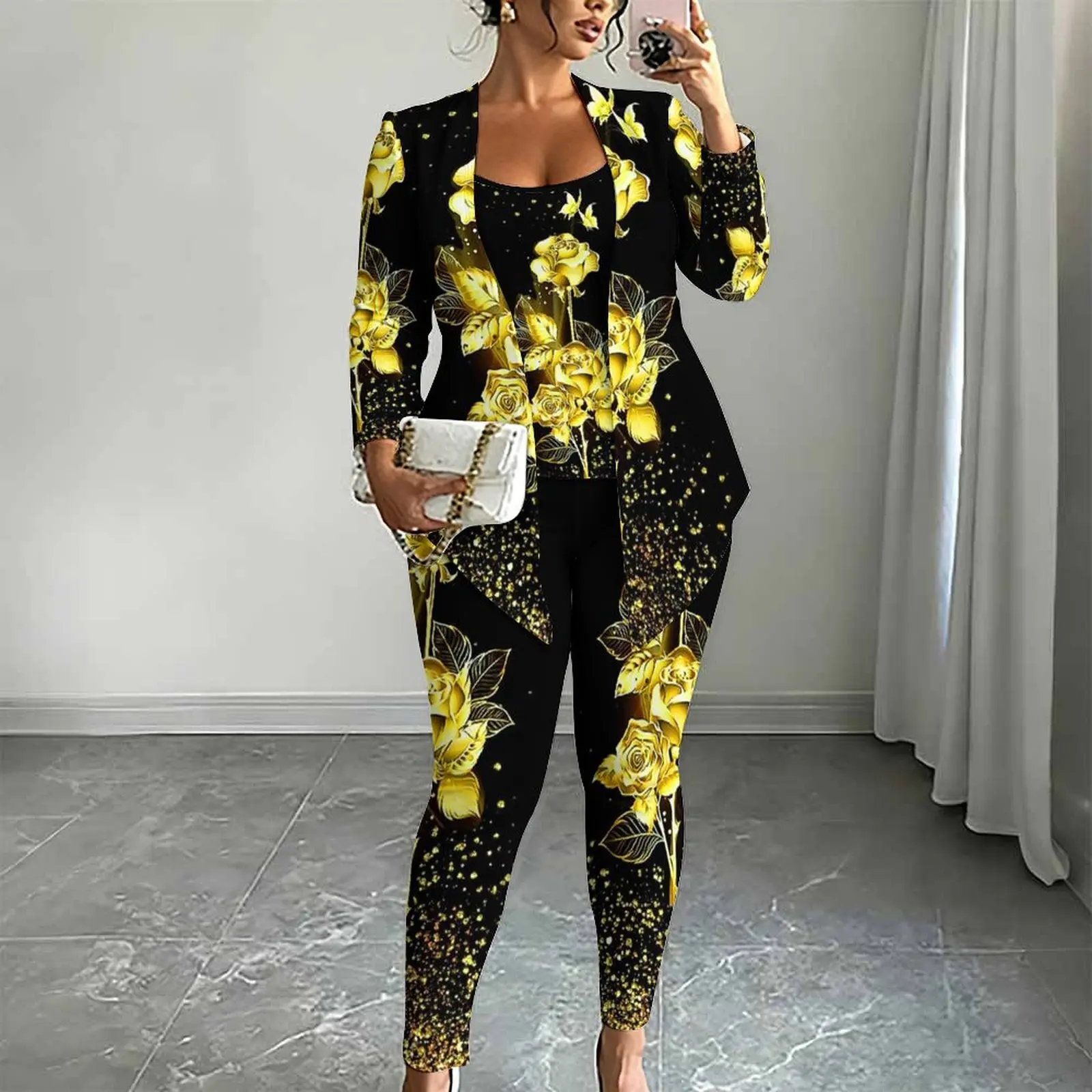 Beach Vacation Casual Three Piece Set Half Sleeve Irregular Hem Coat Slim Vest Fashion Printed Leggings Jogging Pants