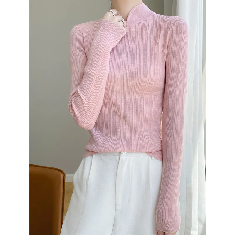 Women's spring Sweater Solid Color Breathable Comfortable And Soft Pullover French Slim Fit 100% Imitation Wool Knitted Top