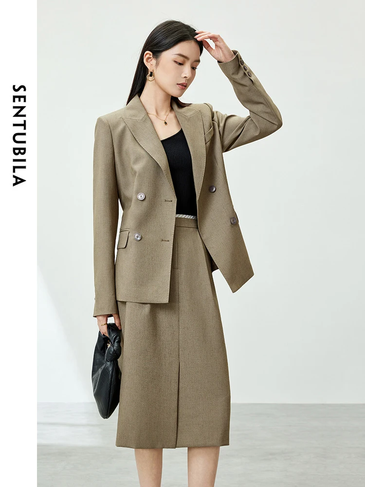 SENTUBILA Office Lady Elegant 2 Pieces Outfits Blazer Skirt Sets 2024 Spring Autumn Belted Tailored Coat Split Skirt 141Z53378