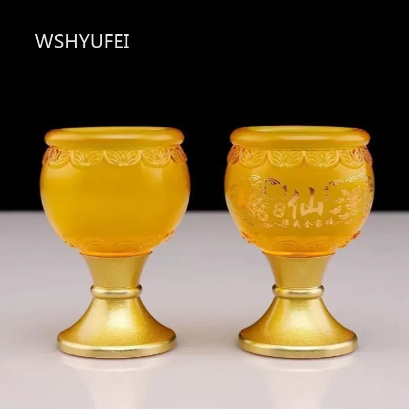 Lotus Amber Resin Altar Offering Cup Golden Pedestal Holy Water Goblet Chinese Worship Cup for Immortal Ancestor Shrine Decor