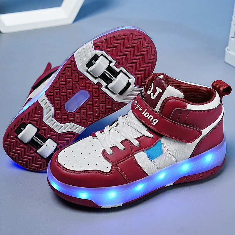 USB Charging Children’s High Top Four Wheels Luminous Glowing Sneakers Led Light Roller Skates Kids Casual Shoes for Boys Girls