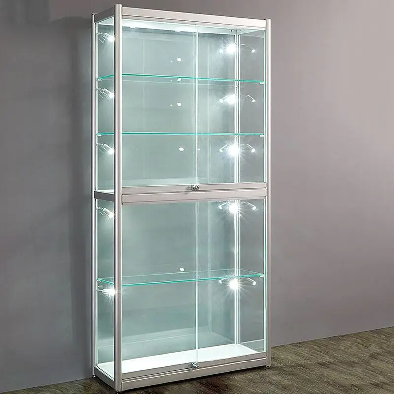 Custom, Retail Winkel Vergrendeling Glazen Vitrine Showcase Met Schuifdeuren Aluminium Frame Curio Kast Glazen Display