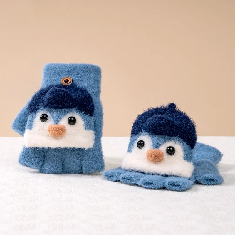 

Winter School Students Writing Gloves with Flip Cover Boys Girls Cute Penguin Gloves Kids Warm Cartoon Five Fingers Gloves 3-10Y