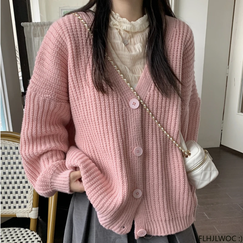 2023 Autumn Winter Coat Outerwear Casual Loose Lazy Japan Preppy Style Single Breasted Button Knitted Sweater Cardigans Pink