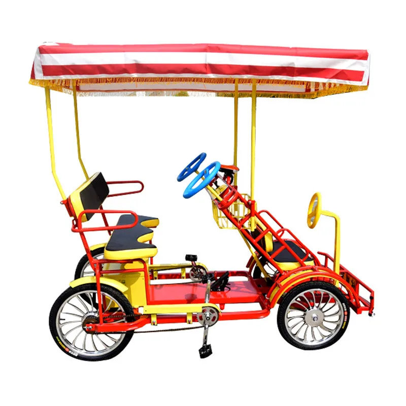 In Stock Single Row Pedal & Electric Bicycle Two Seater Tourist Surrey Bike Quadricycle Bikes With Shadow 48V Sightseeing Car