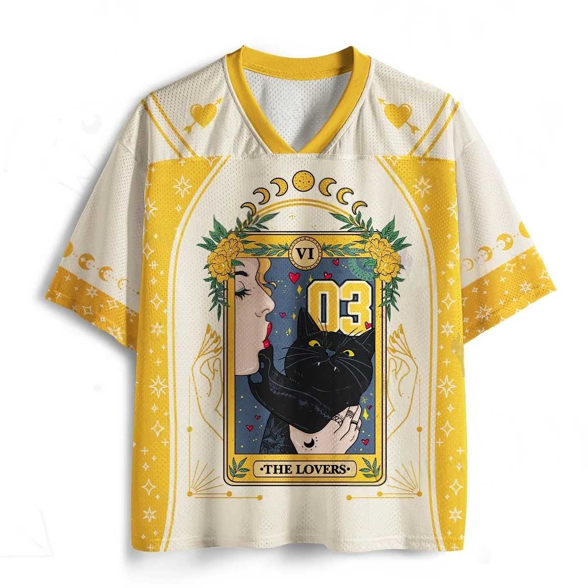 Couple Tarot Card Black Cat 03 Jersey Mystery Moon Print Yellow White Mesh V-neck T-shirt Adult and Children's Top